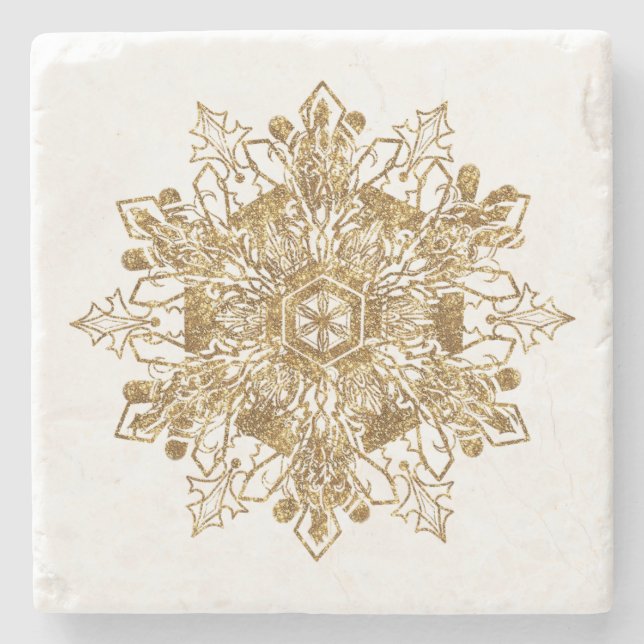 Rustic Yet Elegant Wintery Golden Snowflake Stone Coaster (Front)