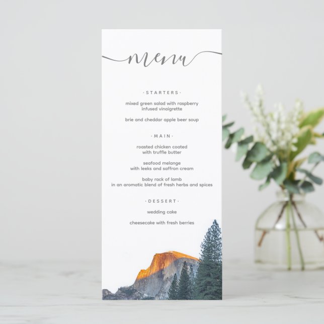 Rustic Yosemite Half Dome Sunset Wedding Menu (Standing Front)