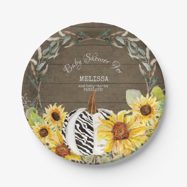 Rustic Zebra White Pumpkin Sunflowers Baby Shower Paper Plate (Front)