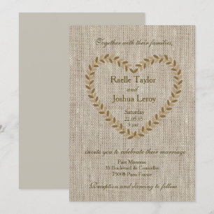 Rustic zen burlap heart taupe wedding invitation