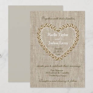 Rustic zen burlap heart taupe wedding invitation