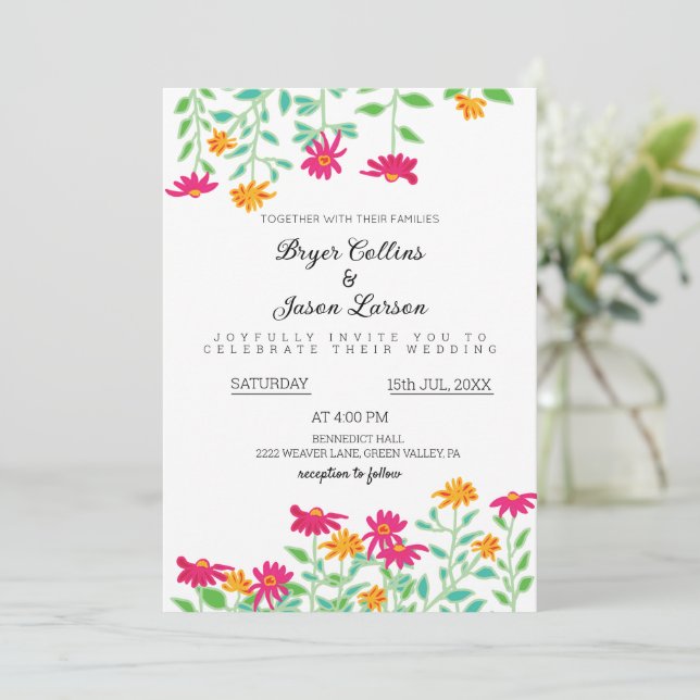 Rustic Zinnia Flowers Wedding Invitation (Standing Front)