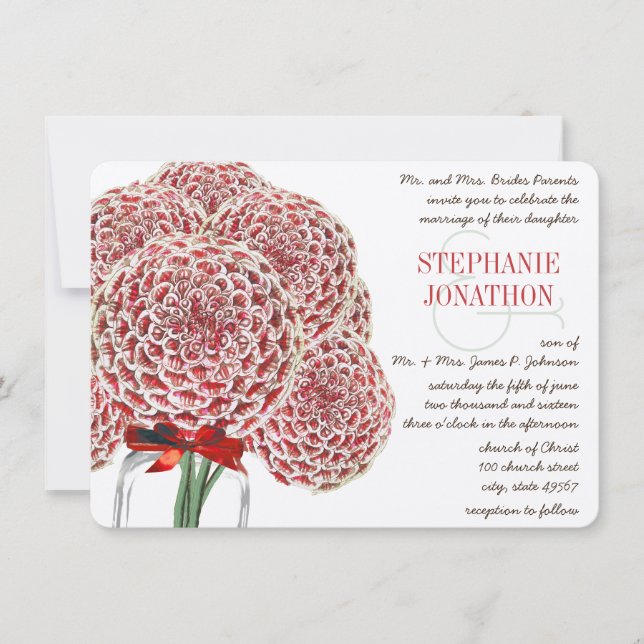 Rustic Zinnia Red Mason Jar Wild Flower Wedding Invitation (Front)