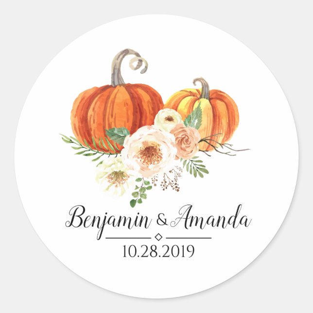 Rustica Pumpkins Fall Wedding Classic Round Sticker (Front)
