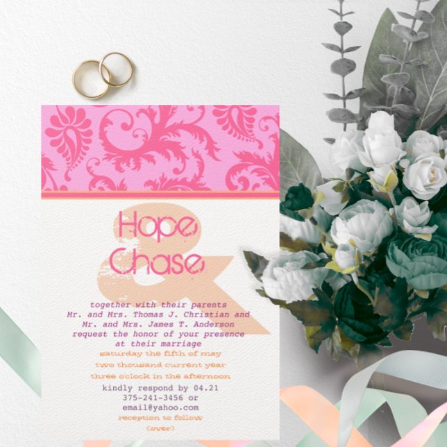 RusticVintage Victorian Pink Damask Photo Wedding  Invitation (Creator Uploaded)