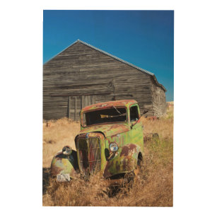 Rusting car in front of abandoned farm wood wall art