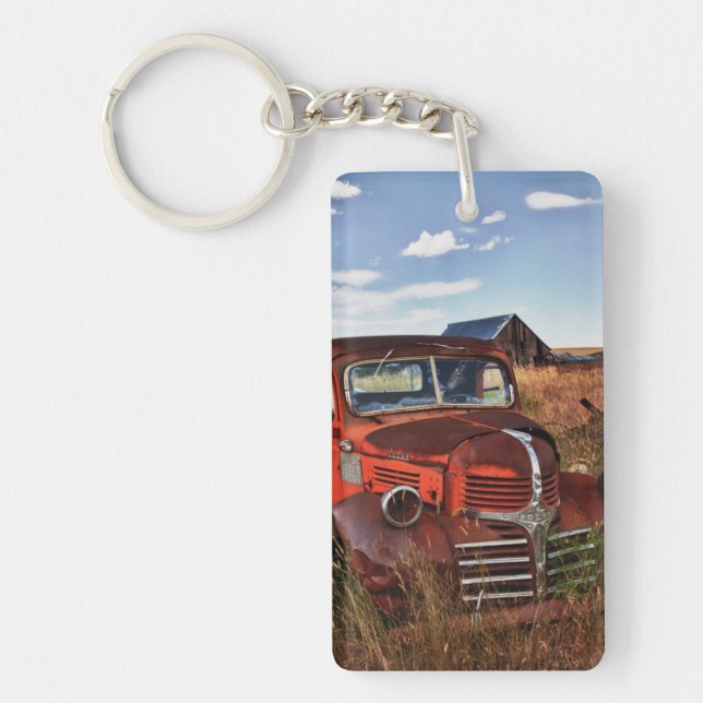 Rusting orange Dodge truck with abandoned farm Key Ring (Front)