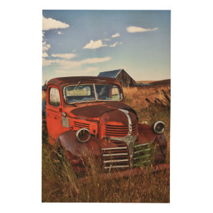 Rusting orange Dodge truck with abandoned farm Wood Wall Art