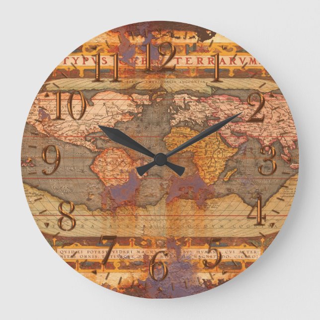 Rusty Antique Old World Map History Designer Clock (Front)