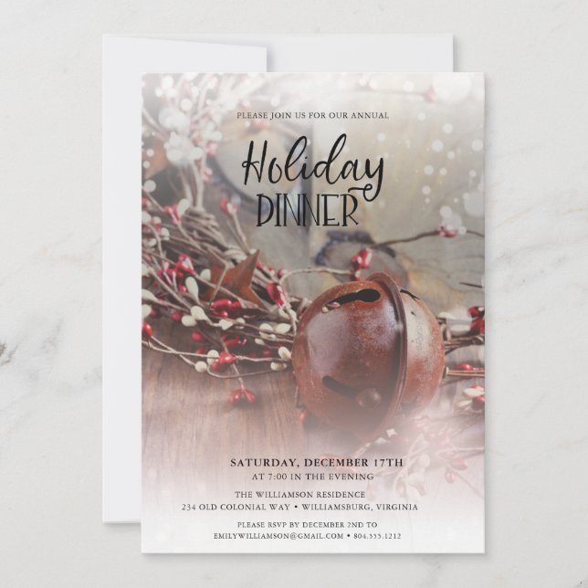 Rusty Bells Holly Berries Holiday Dinner  Invitation (Front)