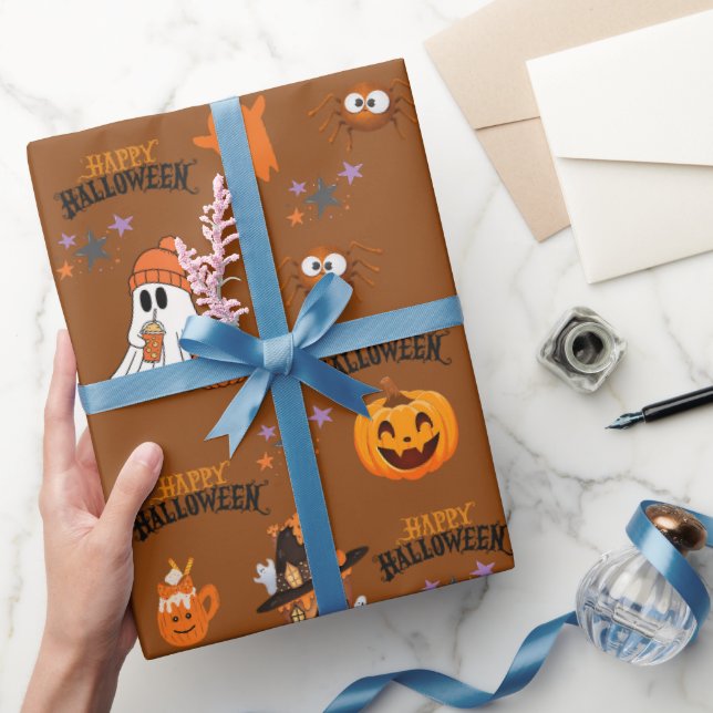 rusty brown Happy Halloween Cute Ghost Pumpkin  Wrapping Paper (Gifting)