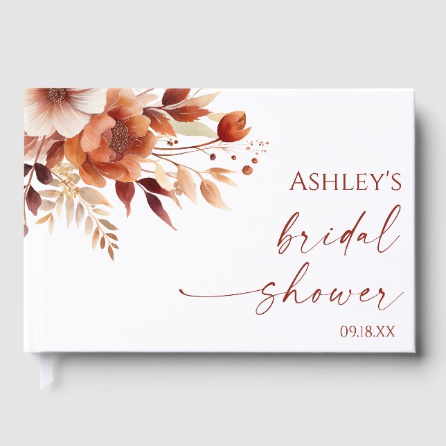 Rusty Burgundy Brown Floral Flower Bridal Shower Guest Book (Front)