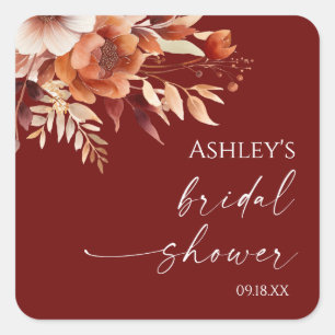 Rusty Burgundy Brown Floral Flower Bridal Shower Square Sticker