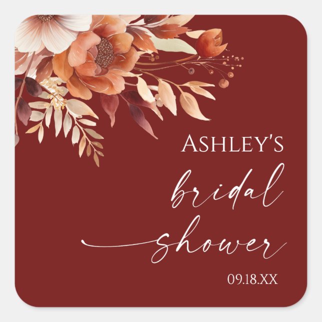 Rusty Burgundy Brown Floral Flower Bridal Shower Square Sticker (Front)