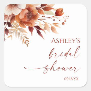 Rusty Burgundy Brown Floral Flower Bridal Shower Square Sticker