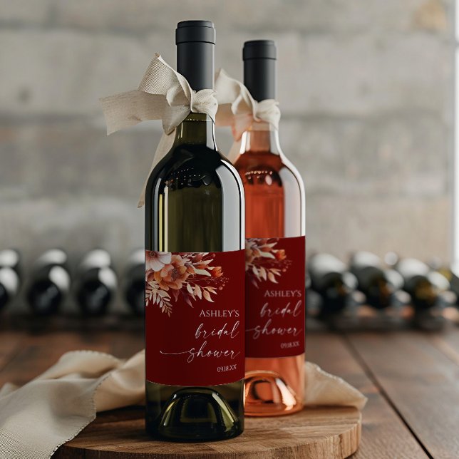 Rusty Burgundy Brown Floral Flower Bridal Shower Wine Label (Creator Uploaded)