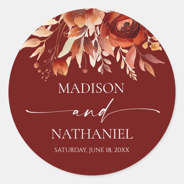 Rusty Burgundy Brown Floral Flower Wedding Classic Round Sticker (Front)