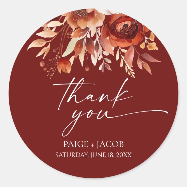 Rusty Burgundy Brown Floral Flower Wedding Classic Round Sticker (Front)