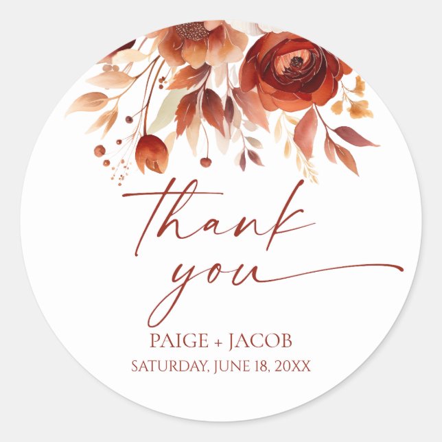 Rusty Burgundy Brown Floral Flower Wedding Classic Round Sticker (Front)