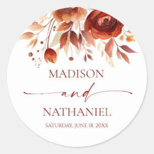 Rusty Burgundy Brown Floral Flower Wedding Classic Round Sticker