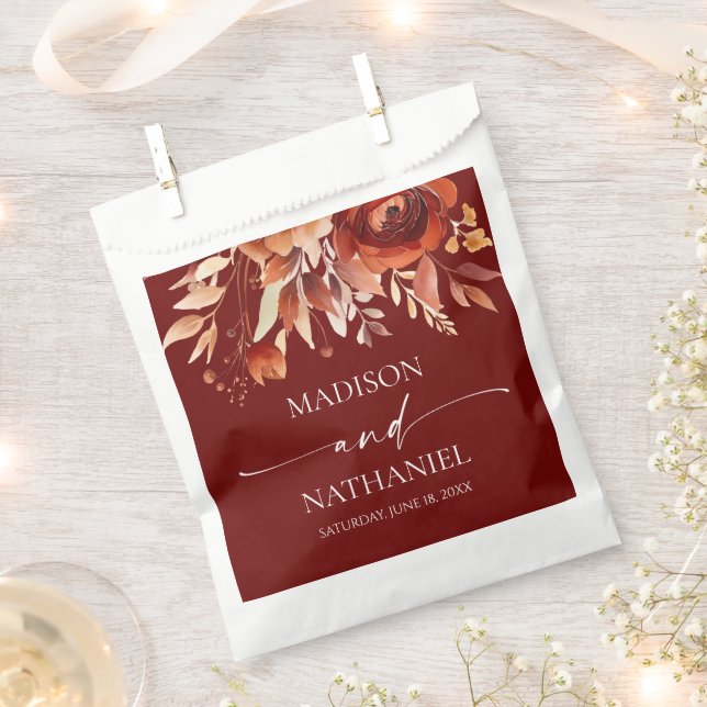 Rusty Burgundy Brown Floral Flower Wedding Favour Bags (Clipped)