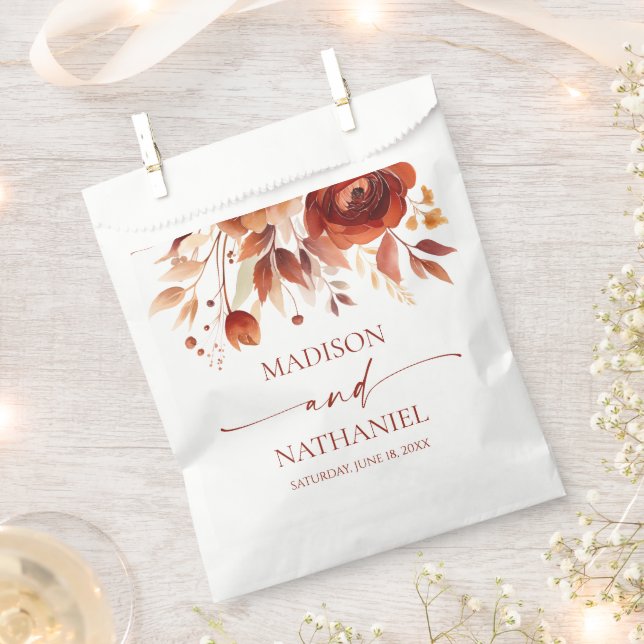 Rusty Burgundy Brown Floral Flower Wedding Favour Bags (Clipped)