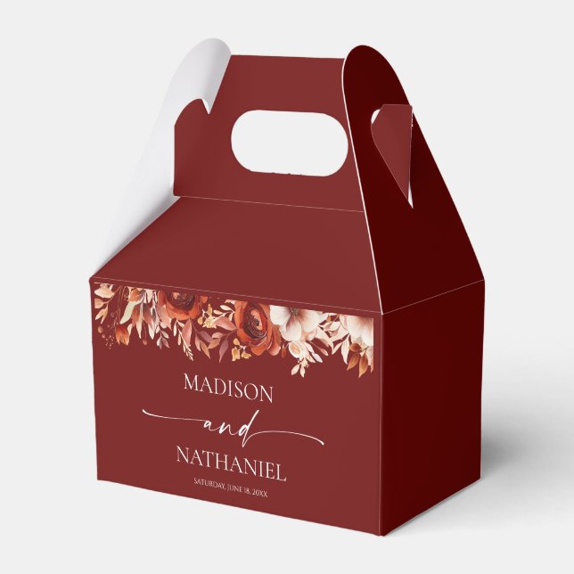 Rusty Burgundy Brown Floral Flower Wedding Favour Box (Front Side)