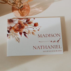 Rusty Burgundy Brown Floral Flower Wedding Guest Book