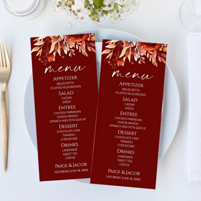 Rusty Burgundy Brown Floral Flower Wedding Menu (Creator Uploaded)