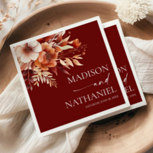 Rusty Burgundy Brown Floral Flower Wedding Napkin
