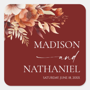 Rusty Burgundy Brown Floral Flower Wedding Square Sticker