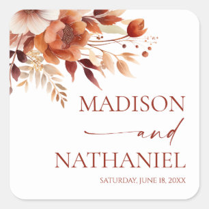 Rusty Burgundy Brown Floral Flower Wedding Square Sticker