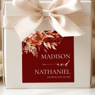 Rusty Burgundy Brown Floral Flower Wedding Square Sticker
