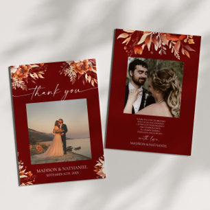 Rusty Burgundy Brown Floral Flower Wedding Thank You Card