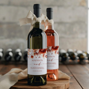 Rusty Burgundy Brown Floral Flower Wedding Wine Label