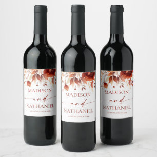 Rusty Burgundy Brown Floral Flower Wedding Wine Label