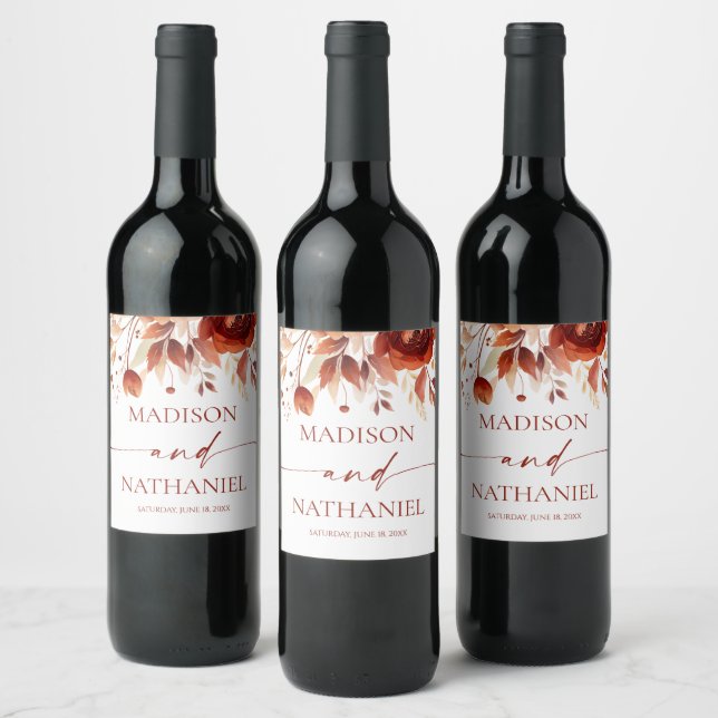 Rusty Burgundy Brown Floral Flower Wedding Wine Label (Bottles)
