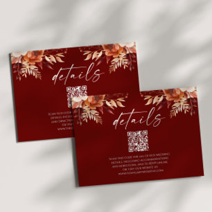 Rusty Burgundy Floral QR Code Wedding Details Enclosure Card