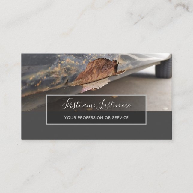 Rusty car experts and mechanics car repair shop business card (Front)