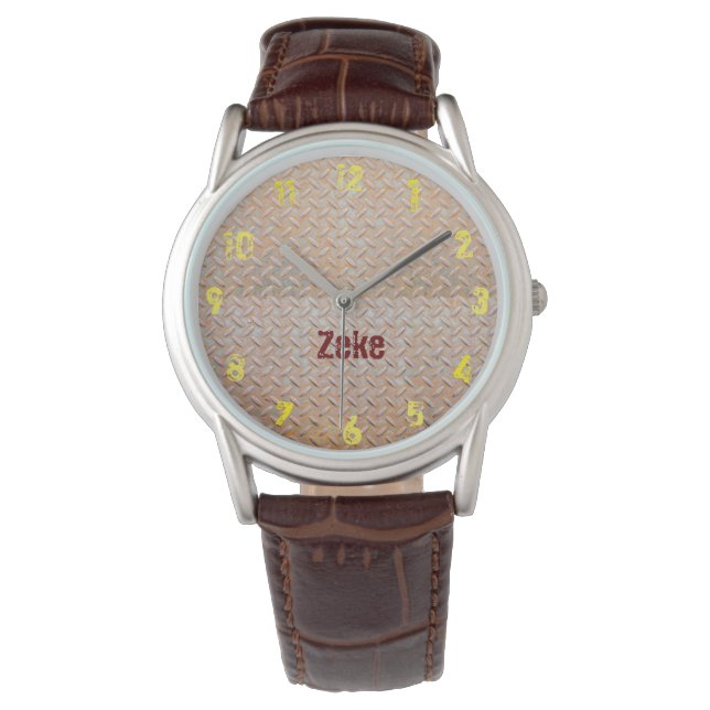 Rusty Diamond Plate Steel Custom Name Watch (Front)