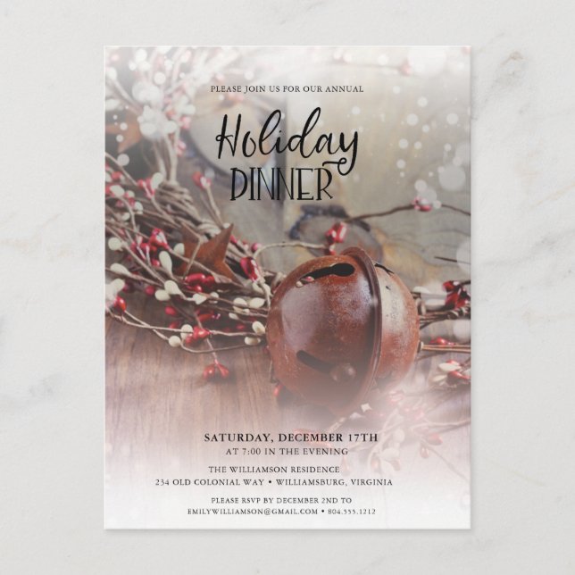 Rusty Holly Berries Holiday Dinner Invitation Postcard (Front)