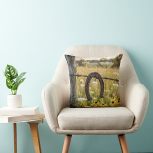Rusty Horseshoe on Barbed Wire Fence Cushion