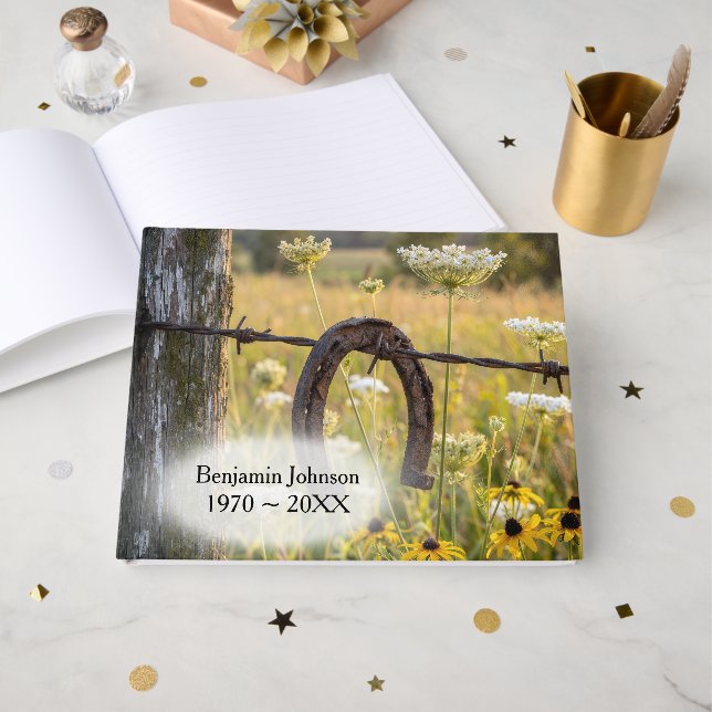 Rusty Horseshoe On Barbed Wire Fence Guest Book (Front Open)
