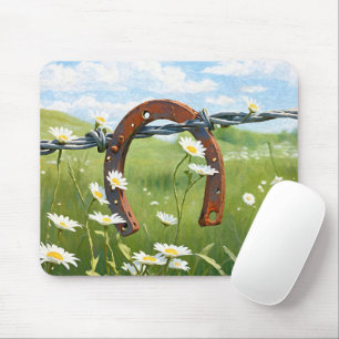 Rusty Horseshoe On Barbed Wire Fence Mouse Mat