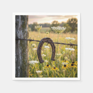 Rusty Horseshoe on Barbed Wire Fence Napkin