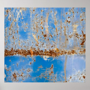 Rusty metal texture, blue scratchy backdrop. poster