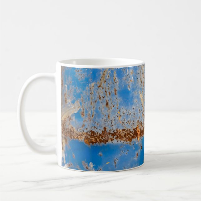 Rusty metal texture, blue scratchy decor. coffee mug (Left)