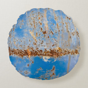 Rusty metal texture, blue scratchy decor. round cushion