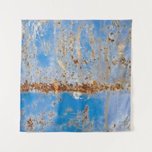 Rusty metal texture, blue scratchy decor. tapestry