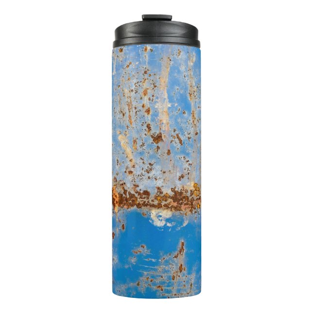 Rusty metal texture, blue scratchy decor. thermal tumbler (Front)